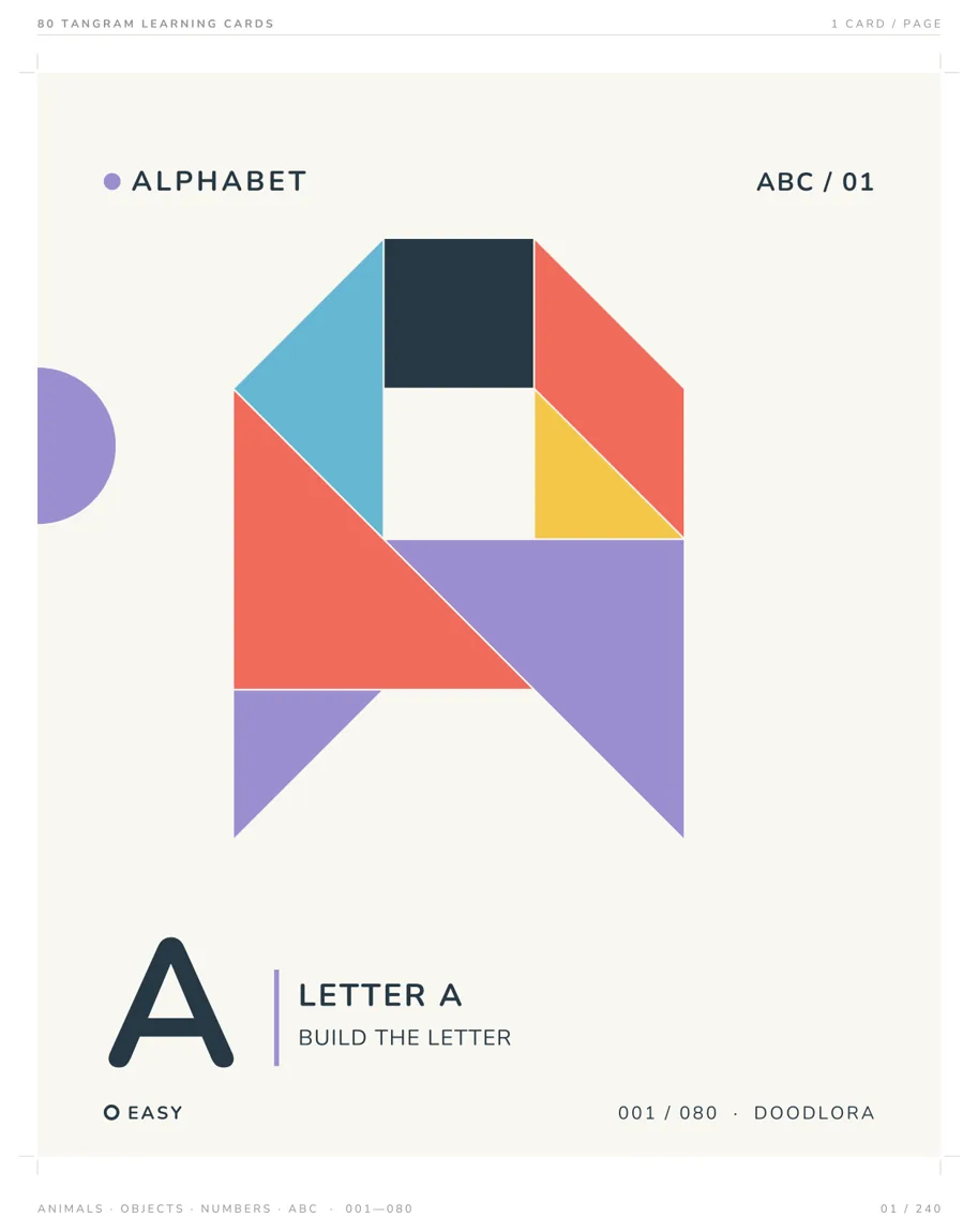 The tangram letter A on an easy card, seven colored pieces built around an empty square in the middle of the letter