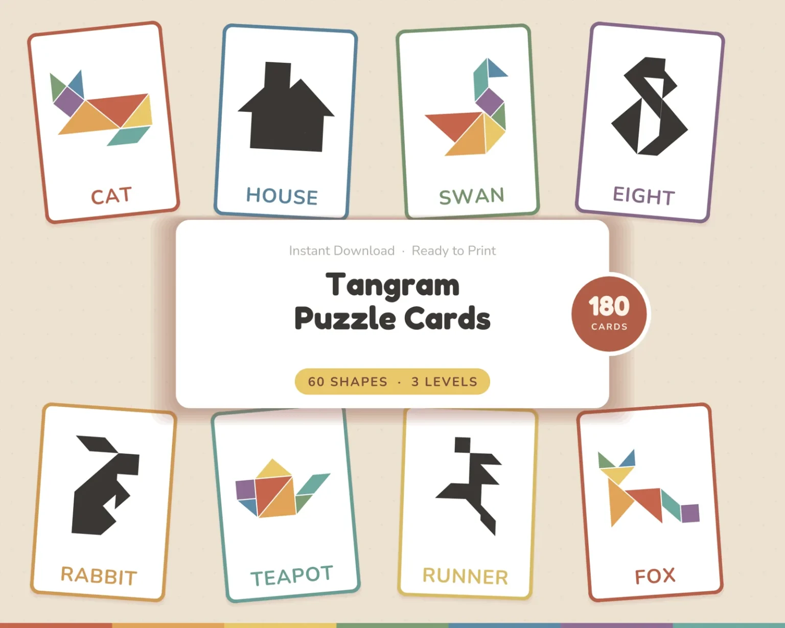 Eight sample cards around a Tangram Puzzle Cards label, some in color like the cat and swan and some as silhouettes like the house and rabbit