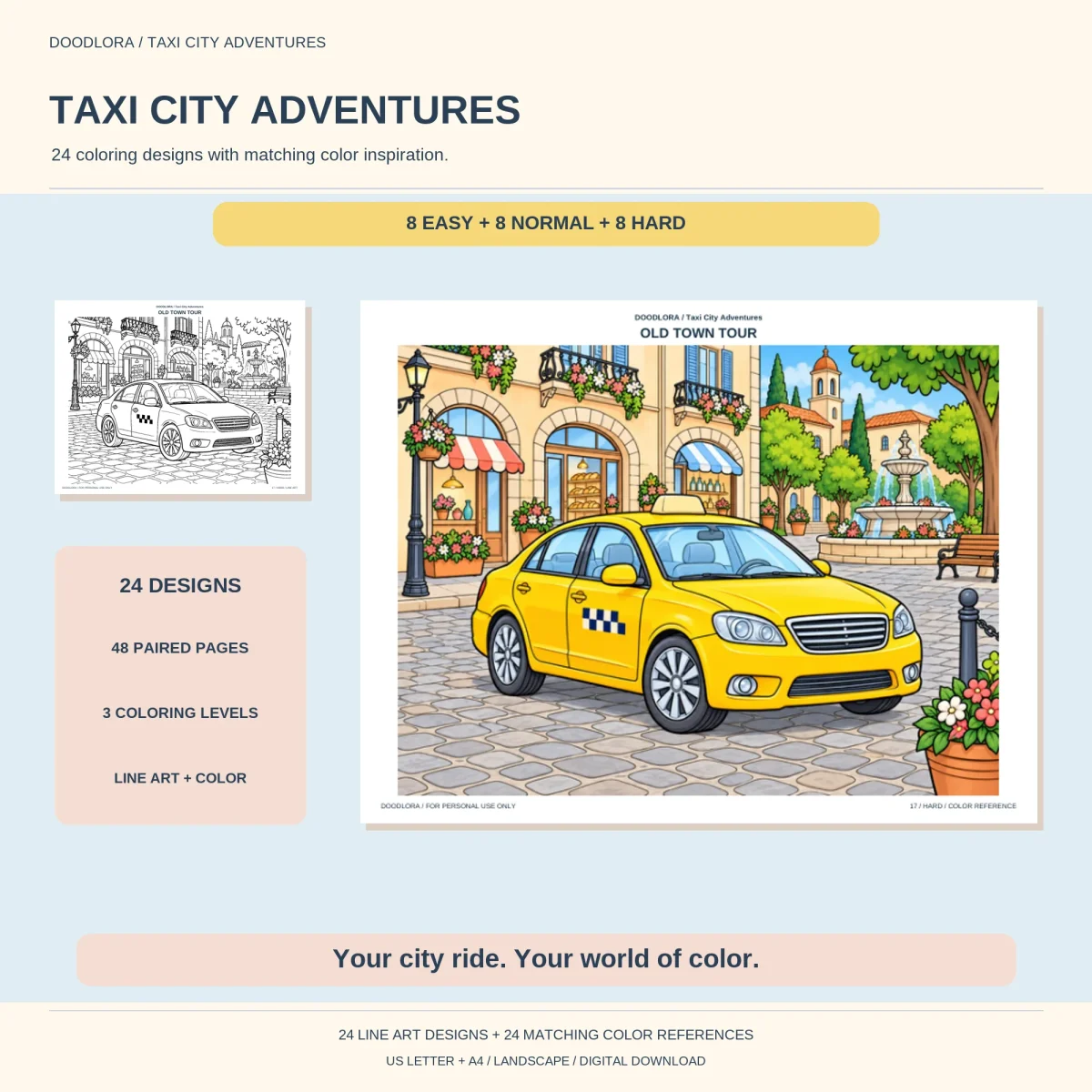 Old Town Tour colored page, a yellow taxi on cobblestones beside shops with striped awnings and a fountain, with its outline in the corner
