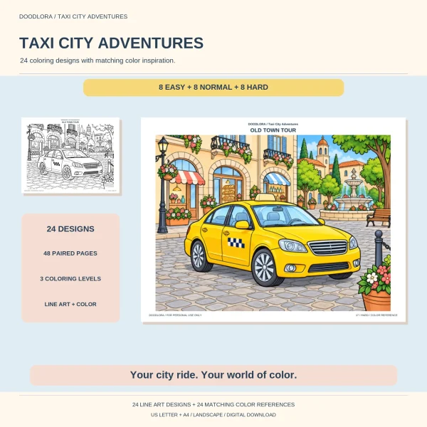 Old Town Tour colored page, a yellow taxi on cobblestones beside shops with striped awnings and a fountain, with its outline in the corner
