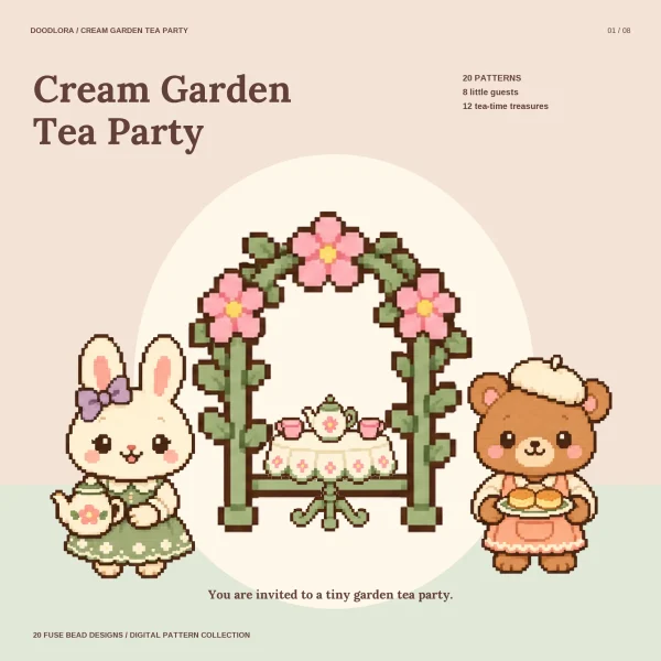 A bunny holding a floral teapot and a bear with a plate of scones beside a flower arch over a tea table set with cups and a teapot