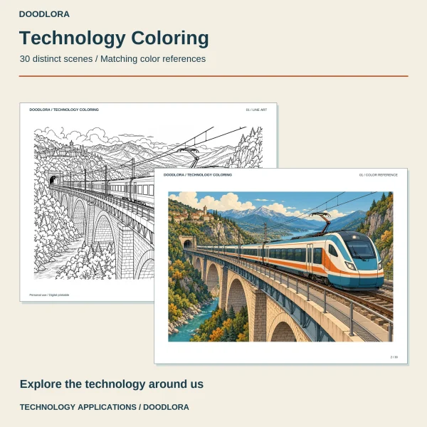 Design 01, an electric train crossing a stone arch viaduct out of a mountain tunnel, as line art and in orange, white and blue