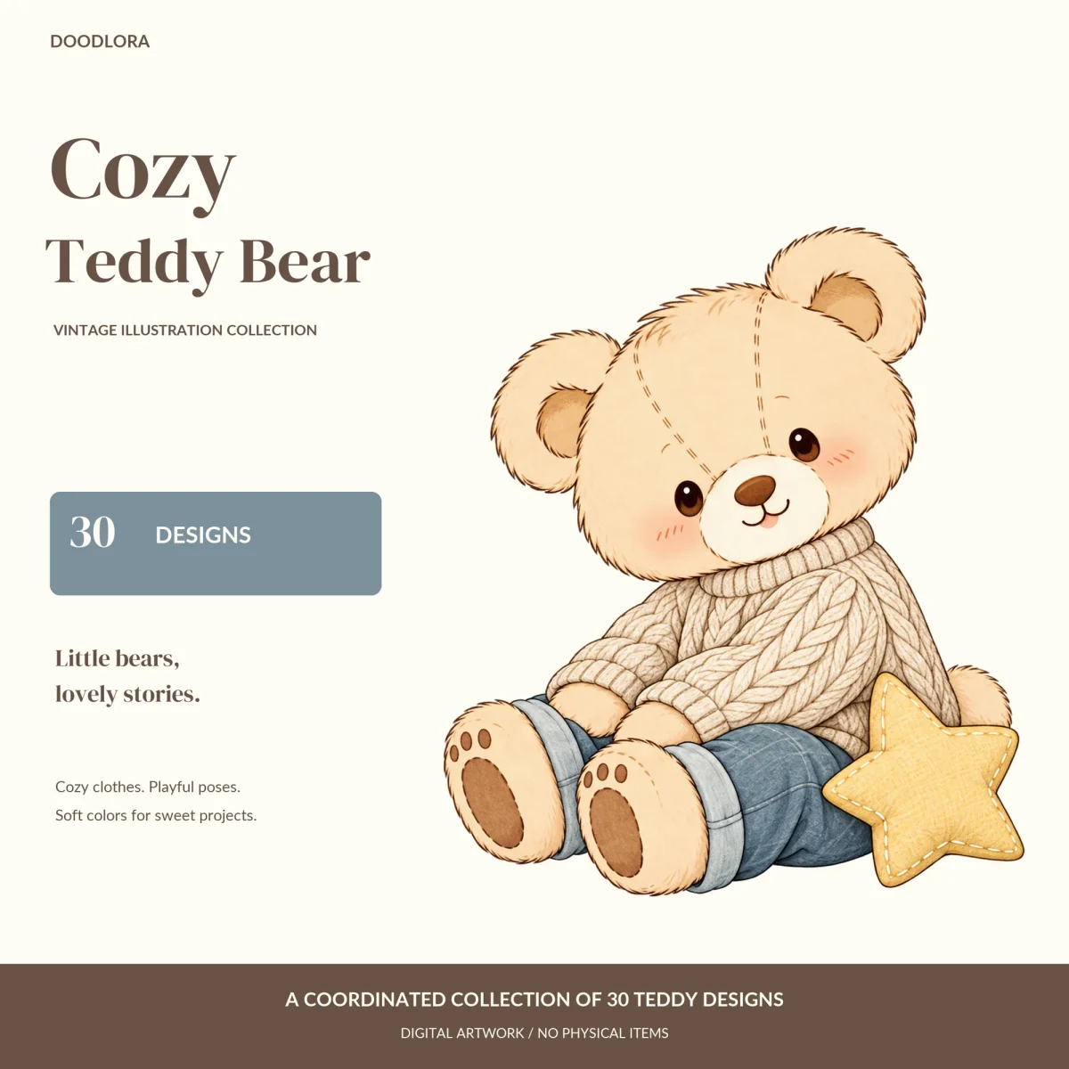 A cream teddy bear in a cable-knit turtleneck and rolled jeans sitting next to a yellow star cushion, beside the title Cozy Teddy Bear and a 30 designs label