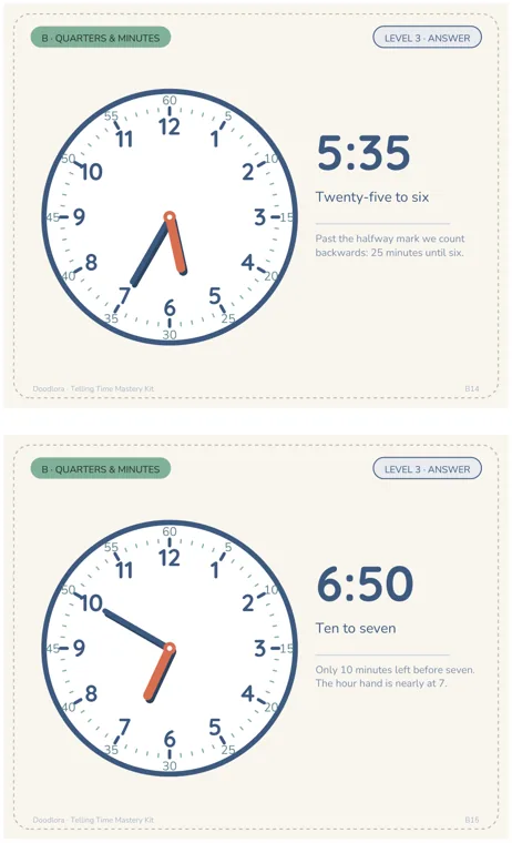 Two clock cards, 5:35 Twenty-five to six above 6:50 Ten to seven, with the long hand on the left side of both clocks