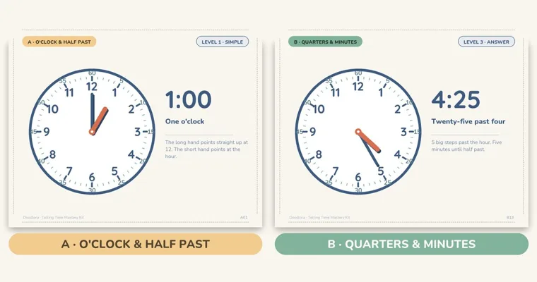 Two clock flashcards side by side, 1:00 One o'clock and 4:25 Twenty-five past four, above a yellow and a green group label