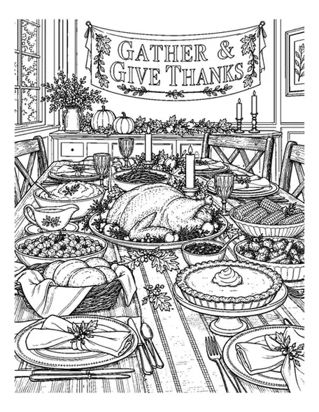 A detailed Thanksgiving dinner coloring page with a turkey, pie, corn, place settings and a Gather and Give Thanks banner