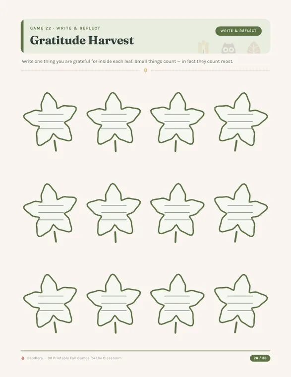 Gratitude Harvest worksheet with twelve leaf outlines in three rows, each containing three writing lines