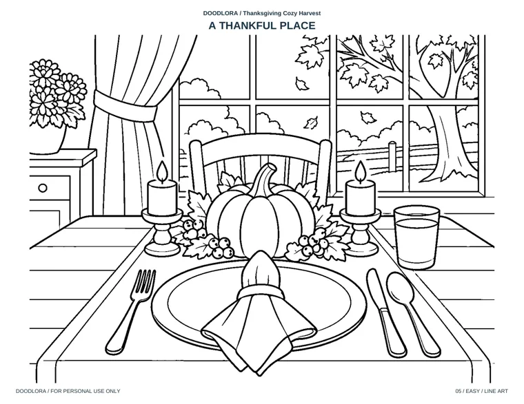 Line-art coloring page of one Thanksgiving place setting, a plate with a folded napkin, cutlery, a glass and a pumpkin between two candles