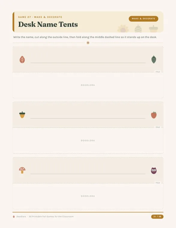 Desk Name Tents worksheet with three cards, autumn pictures beside each name line and a horizontal fold line