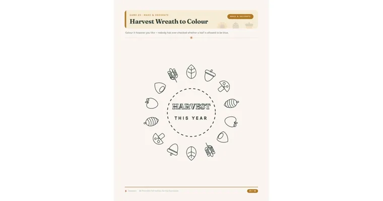 A harvest coloring page with leaves, apples, acorns, mushrooms and wheat arranged around the words Harvest This Year