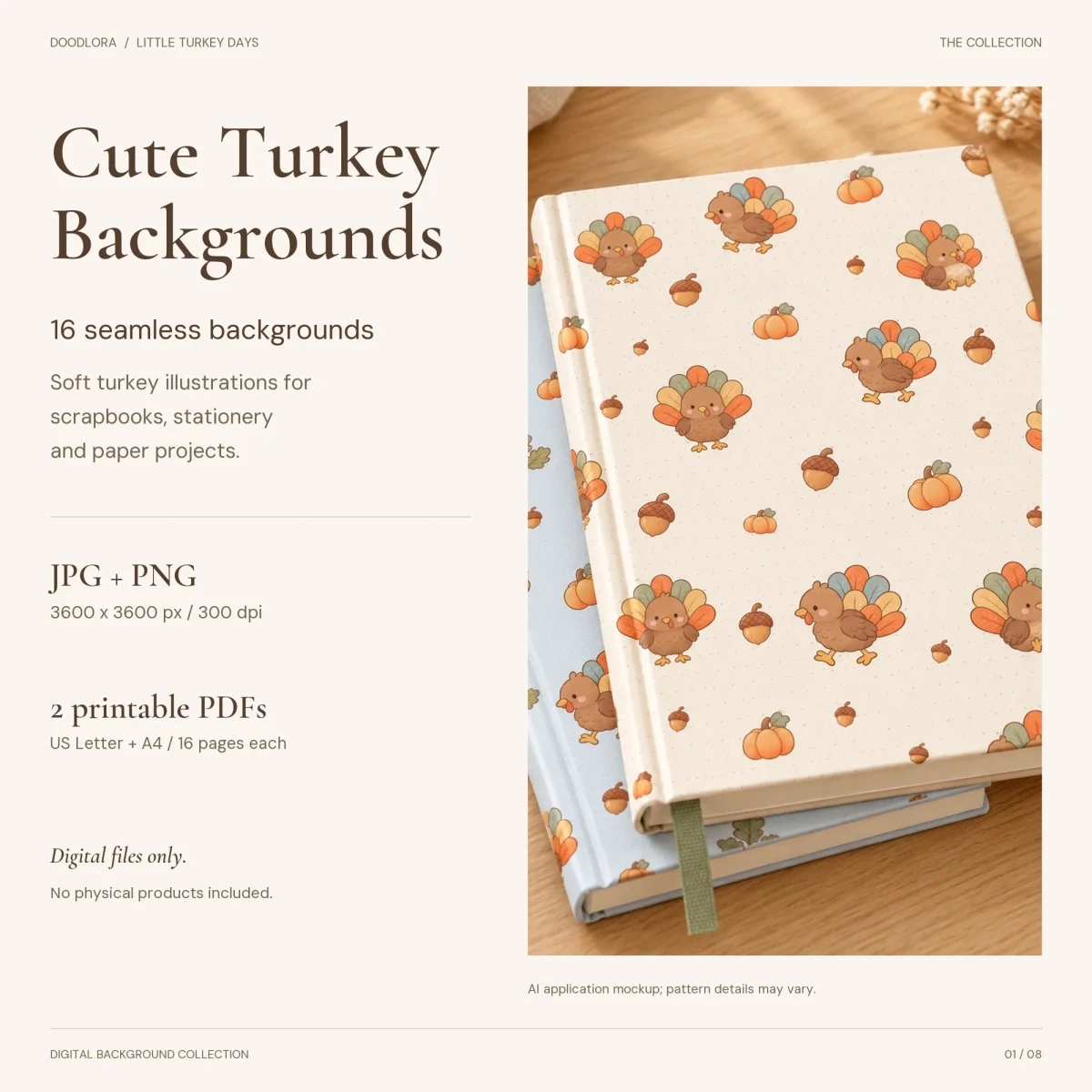 Cream turkey pattern with pumpkins and acorns shown as the cover of a hardback notebook, stacked on a pale blue patterned notebook