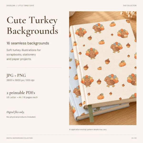 Cream turkey pattern with pumpkins and acorns shown as the cover of a hardback notebook, stacked on a pale blue patterned notebook