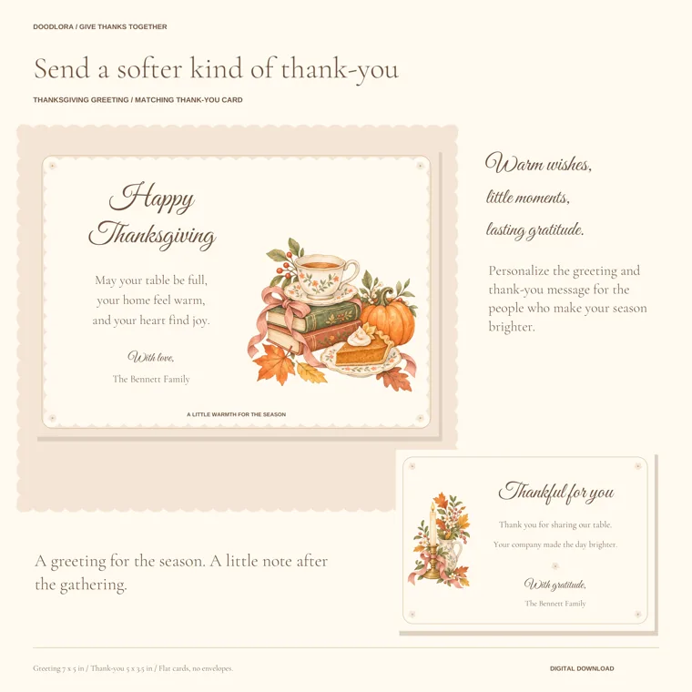 A landscape Happy Thanksgiving greeting with a teacup on books beside a pumpkin and pie, and a Thankful for you card with a candle bouquet