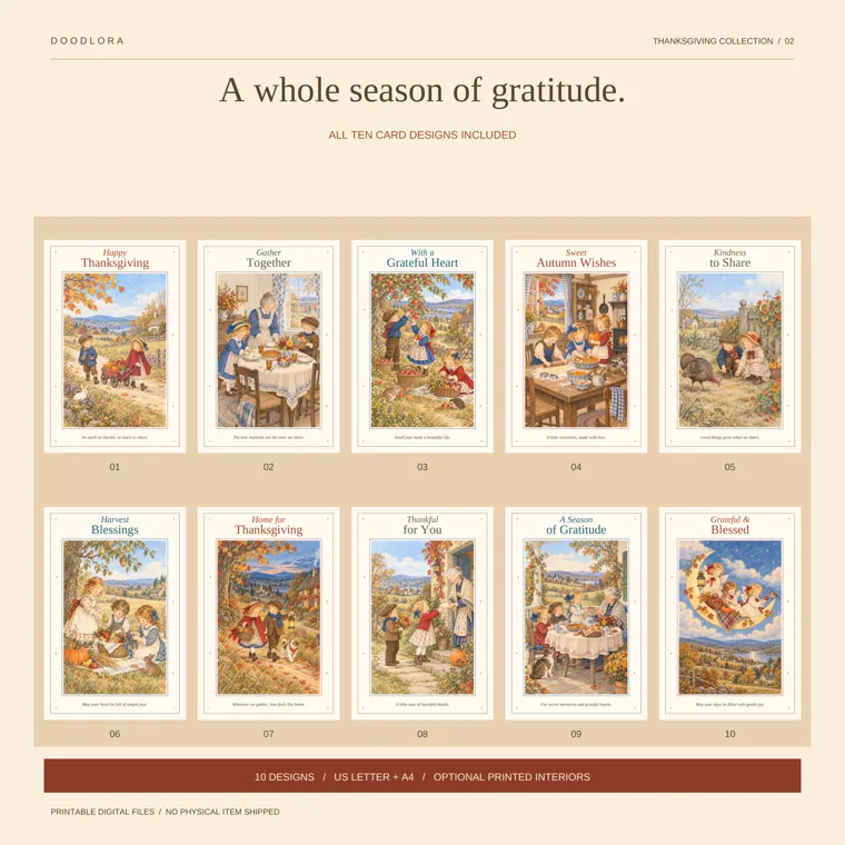 The ten Thanksgiving card fronts in two numbered rows, from Happy Thanksgiving and Gather Together to A Season of Gratitude and Grateful & Blessed