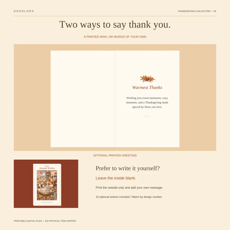 An open card with a blank left panel and a printed Warmest Thanks verse on the right, above the Sweet Autumn Wishes cover