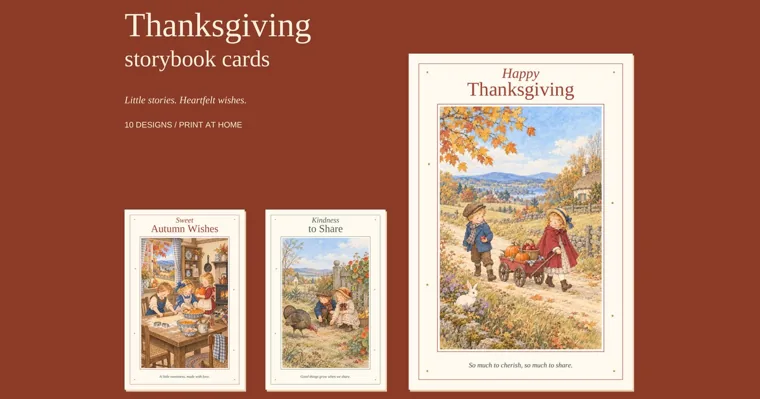 Three storybook Thanksgiving cards on a rust background, including Sweet Autumn Wishes, Kindness to Share and a large card of two children pulling a wagon of pumpkins