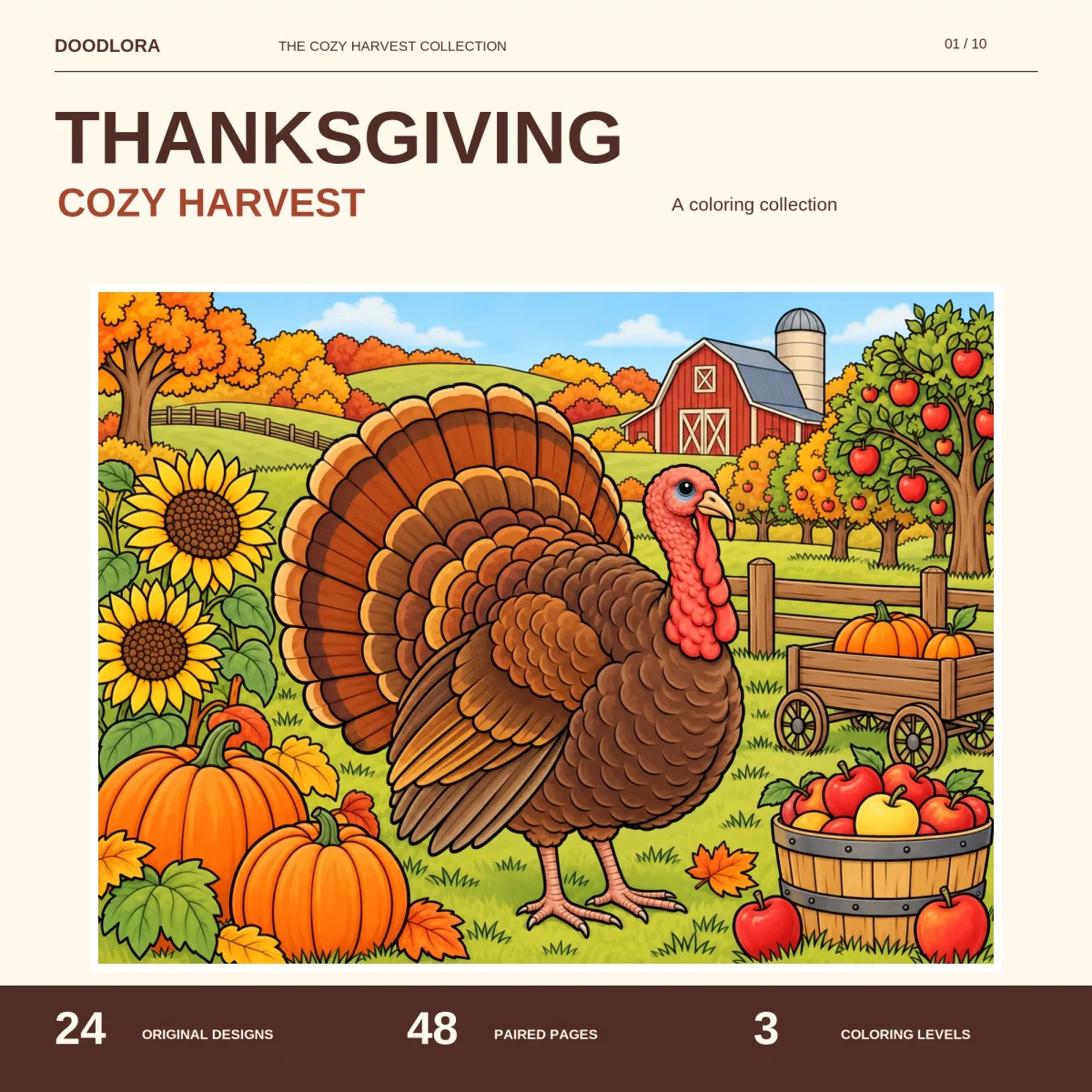 Colored Harvest Farm Day scene, a big turkey among sunflowers and pumpkins with a red barn, an apple tree and a wagon behind