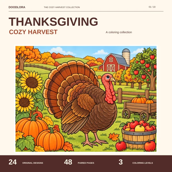 Colored Harvest Farm Day scene, a big turkey among sunflowers and pumpkins with a red barn, an apple tree and a wagon behind