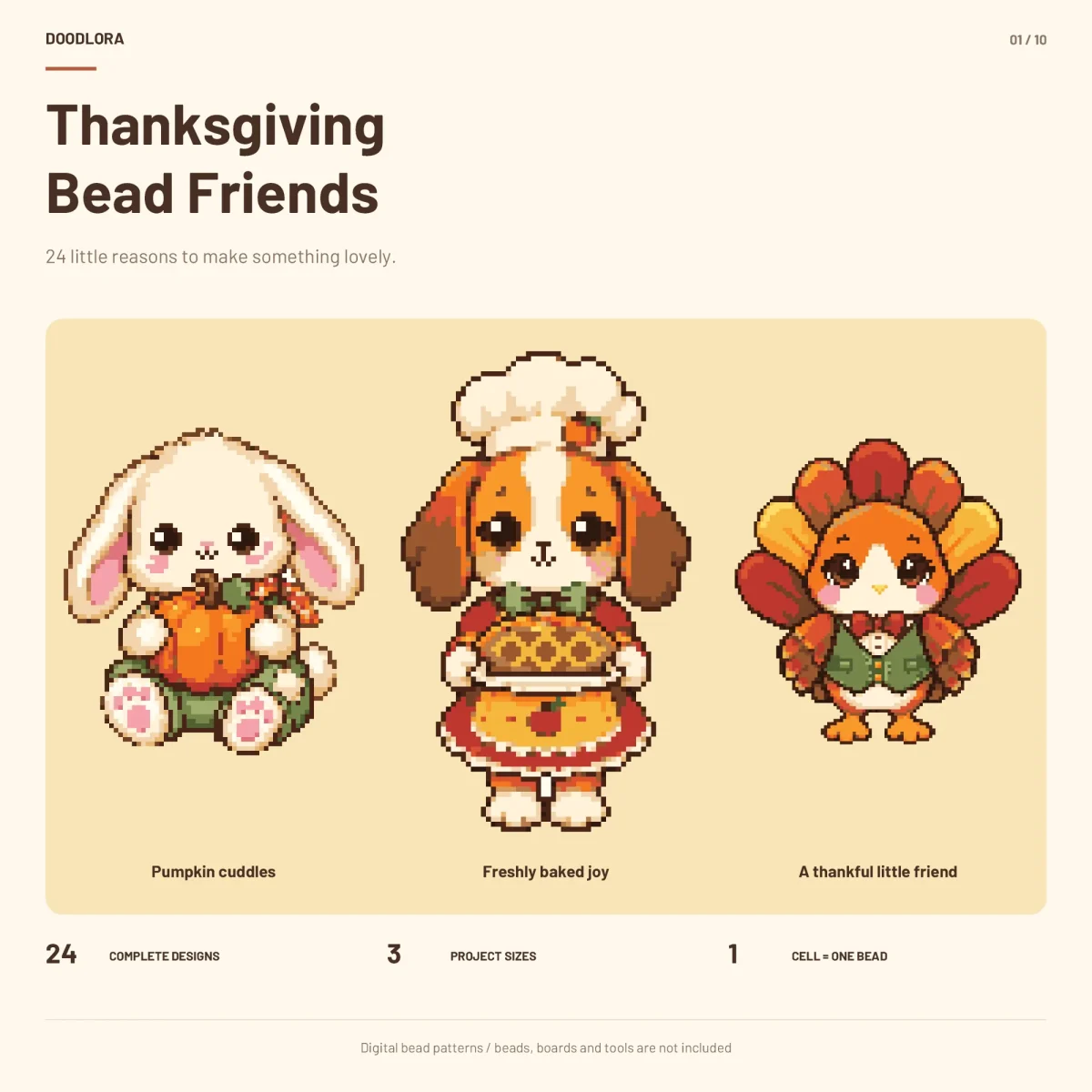 Three pixel art designs, a cream bunny hugging a pumpkin, a puppy in a chef's hat carrying an apple pie and a round turkey in a green vest