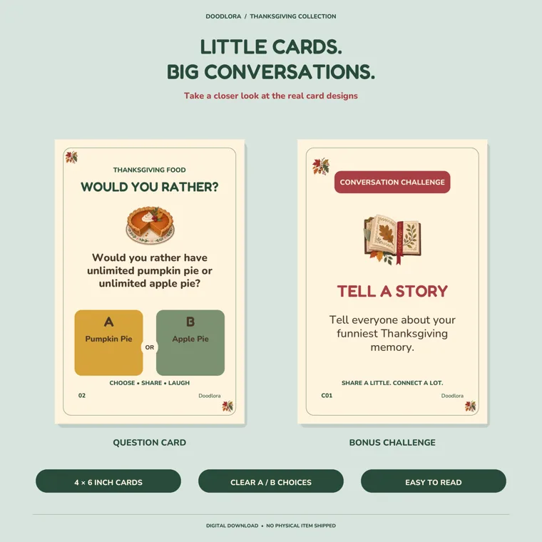 A would you rather card asking about unlimited pumpkin pie or apple pie beside a Tell a Story challenge card