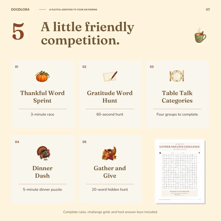 Five bonus game tiles from Thankful Word Sprint to Gather and Give, beside a printed challenge grid