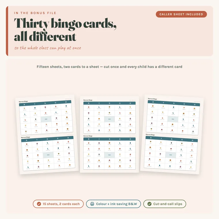 Three harvest bingo sheets, each with two five-by-five picture cards and a free center square