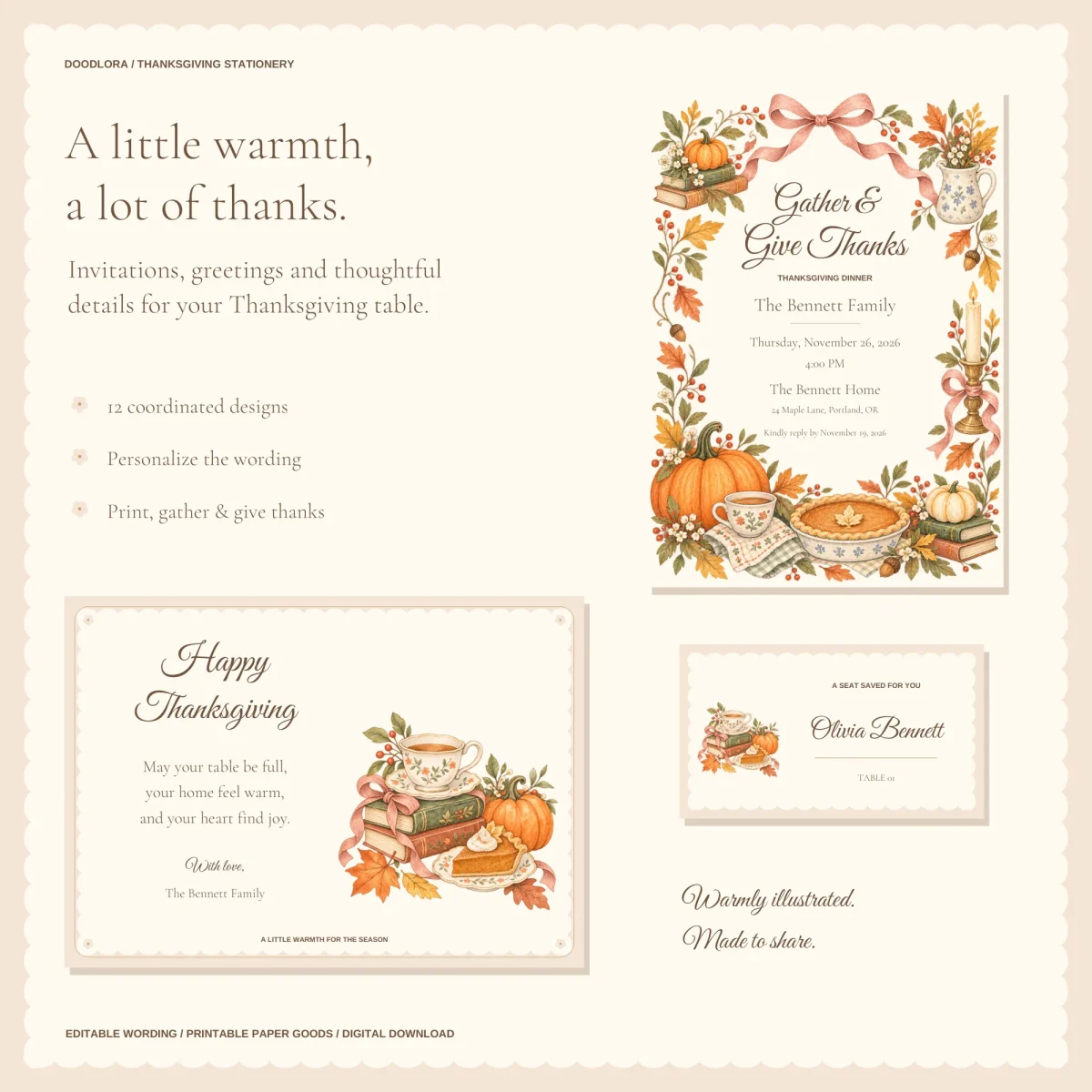 Gather & Give Thanks invitation framed by pumpkins, pie, a teapot, books and a pink bow, with a Happy Thanksgiving card and an Olivia Bennett place card
