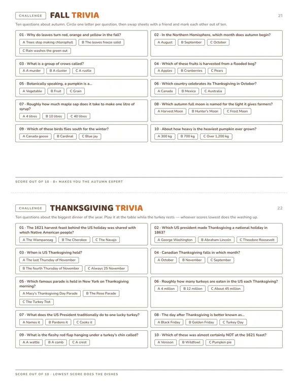 A printed sheet with two quiz games, Fall Trivia above a dashed cut line and Thanksgiving Trivia below, each with ten multiple-choice questions in outlined boxes