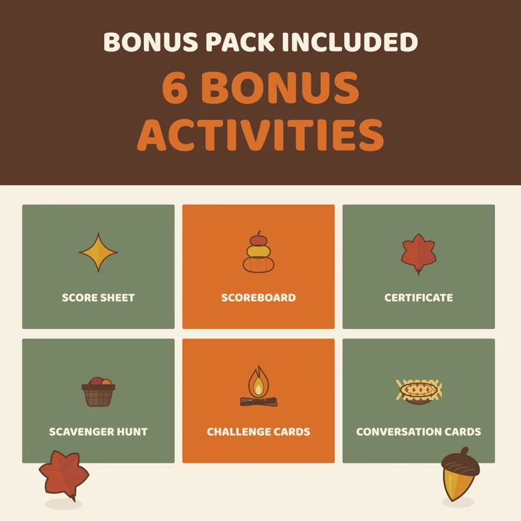 Six tiles for the bonus pack: score sheet, scoreboard, certificate, scavenger hunt, challenge cards and conversation cards