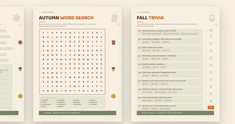 Two printed game pages side by side, an Autumn Word Search grid with its word list and a Fall Trivia page of ten multiple-choice questions with a score column