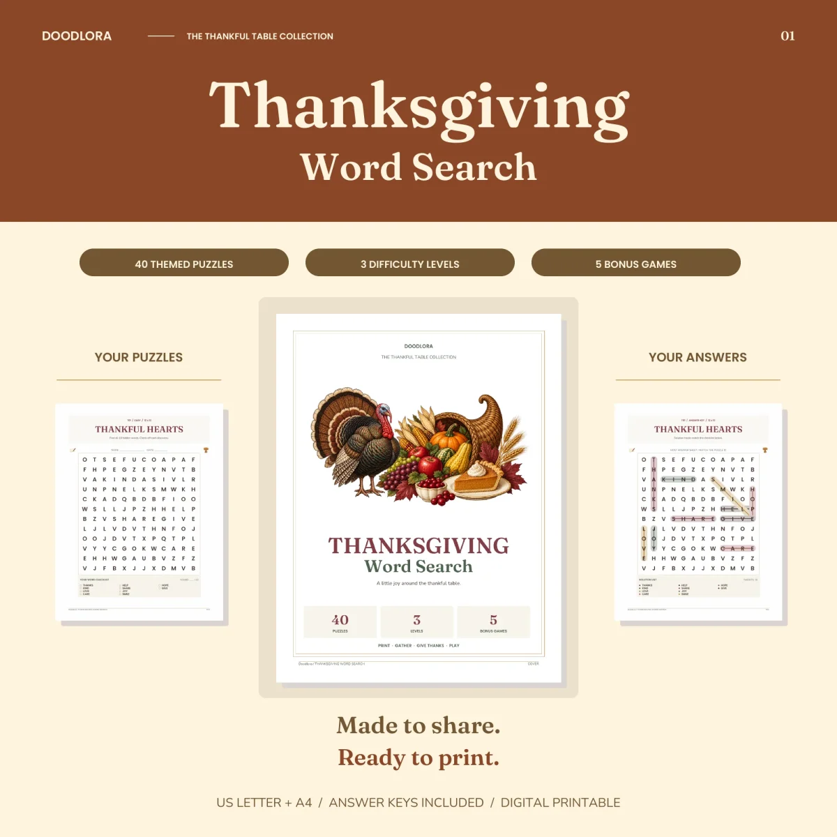Thanksgiving Word Search cover with a turkey, a cornucopia of fruit and a slice of pumpkin pie, between the Thankful Hearts puzzle and its answer page
