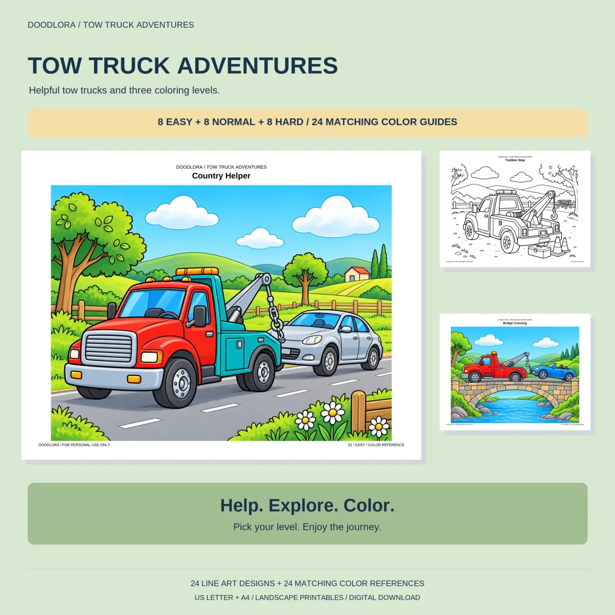 Country Helper colored page, a red and teal wrecker towing a silver car on a farm road, with a Toolbox Stop outline and a Bridge Crossing page