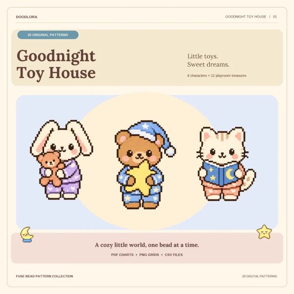 A bunny in purple pajamas hugging a teddy bear, a bear in a starry nightcap holding a yellow star and a kitten reading a blue storybook