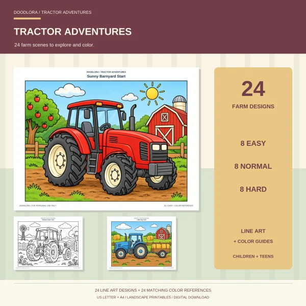 Sunny Barnyard Start colored with a red tractor in front of a red barn and apple tree, plus a Pasture Gate Turn outline and a blue tractor with a hay cart