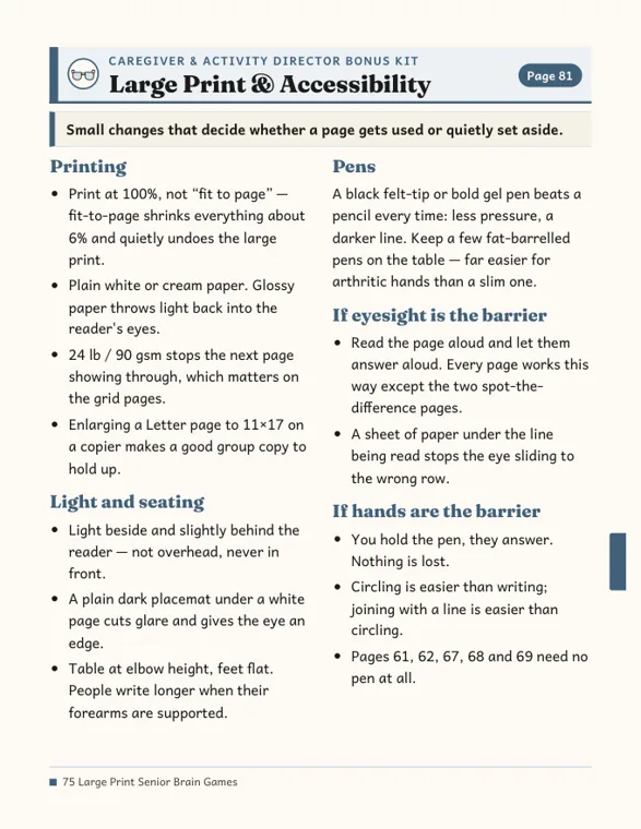 A Large Print & Accessibility page with short tips under Printing, Light and seating, Pens, If eyesight is the barrier and If hands are the barrier