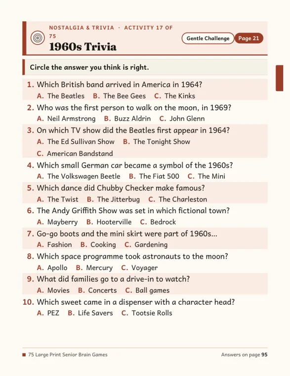 A 1960s Trivia page with ten large-print questions, each with three lettered choices, about the Beatles, the moon landing, the Twist, Mayberry and PEZ