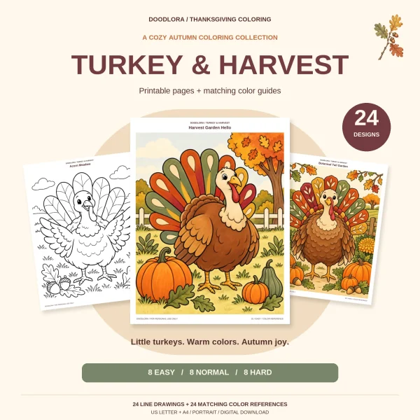 Harvest Garden Hello color page of a smiling turkey by pumpkins and a white fence, between an Acorn Meadow outline and a Botanical Tail Garden color page