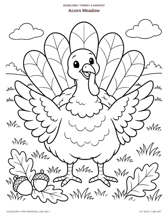 A line drawing of a smiling cartoon turkey facing forward with both wings spread, five large tail feathers, acorns and oak leaves at its feet, titled Acorn Meadow