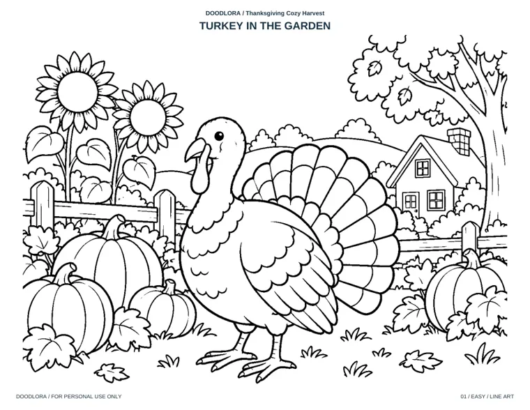 A wide line drawing of a turkey standing among pumpkins, sunflowers and leaves in front of a fence, with a farmhouse and a tree behind it