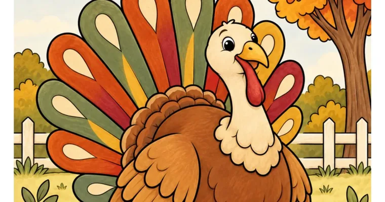 A colored cartoon turkey with red, orange, gold and sage tail feathers standing in front of a white fence and an autumn tree