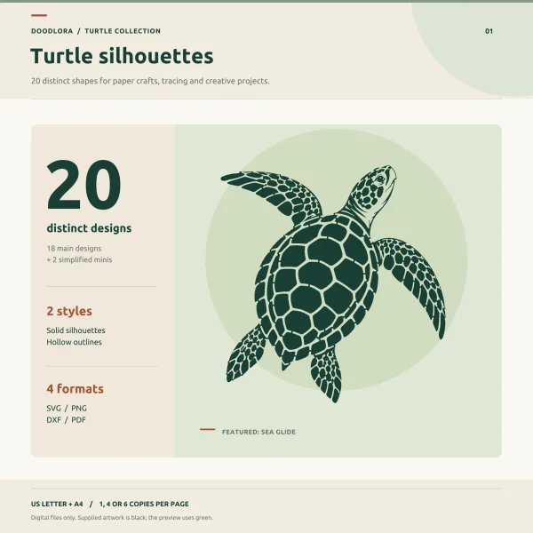 A sea turtle seen from above with its shell plates and flipper scales showing as pale gaps, shown in dark green beside the words 20 distinct designs, 2 styles and 4 formats