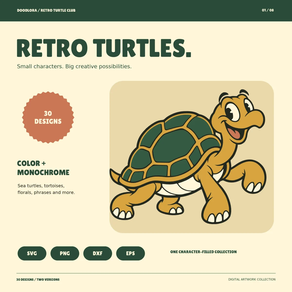 A retro cartoon tortoise with a deep green shell, mustard skin and a big open grin striding forward, under the heading Retro Turtles