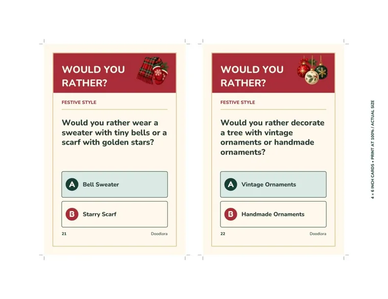 Two Christmas Would You Rather cards on a page: card 21 asks bell sweater or starry scarf, and card 22 asks vintage or handmade ornaments, both in the Festive Style category