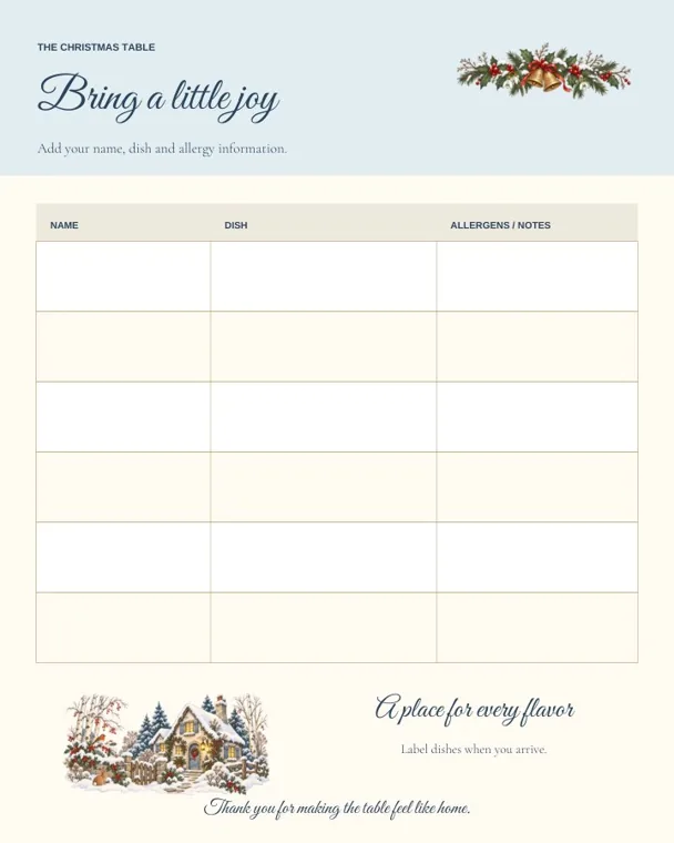 A Christmas potluck sign-up sheet titled Bring a little joy, with six empty rows under Name, Dish and Allergens / Notes, a holly and bells garland and a snowy cottage
