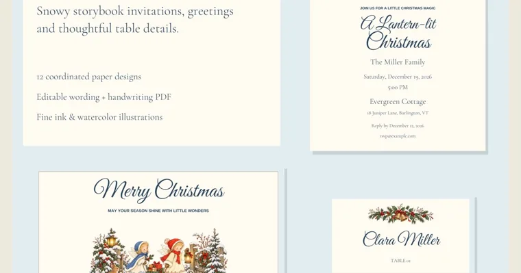 A Lantern-lit Christmas party invitation for the Miller Family on Saturday, December 19, 2026, beside a Merry Christmas greeting with two angel children and a Clara Miller place card