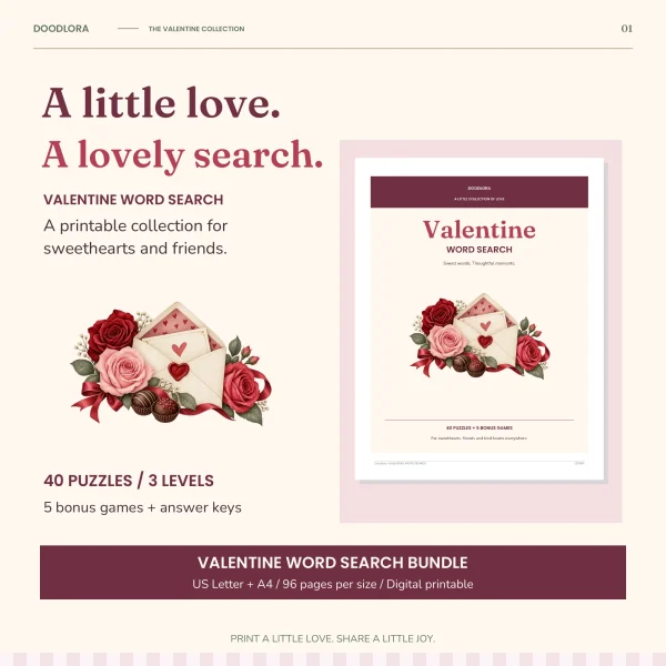 Valentine Word Search cover with red and pink roses around a sealed love letter and chocolates, labeled 40 puzzles, 3 levels
