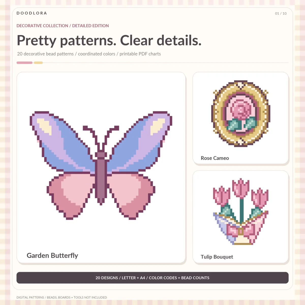 Pixel art Garden Butterfly with periwinkle and pink wings beside a Rose Cameo in a gold oval frame and a Tulip Bouquet tied with a bow