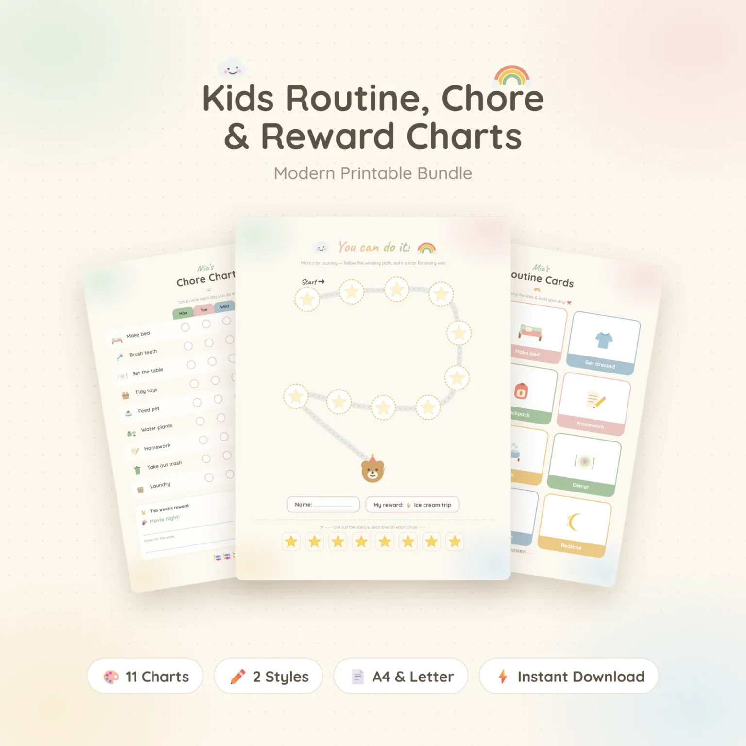 Routine, chore and reward charts in pale modern colors, with a winding star path in front that ends at a small bear