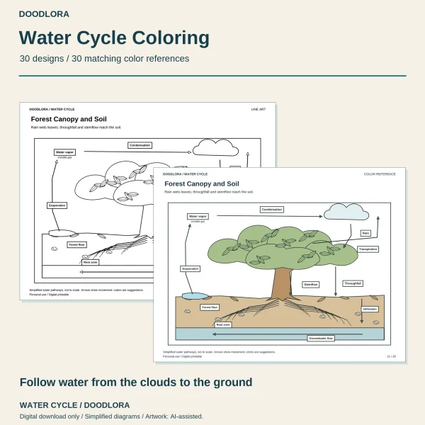 Forest Canopy and Soil page as a line drawing and as a color reference, a large tree with labels for stemflow, throughfall and groundwater flow