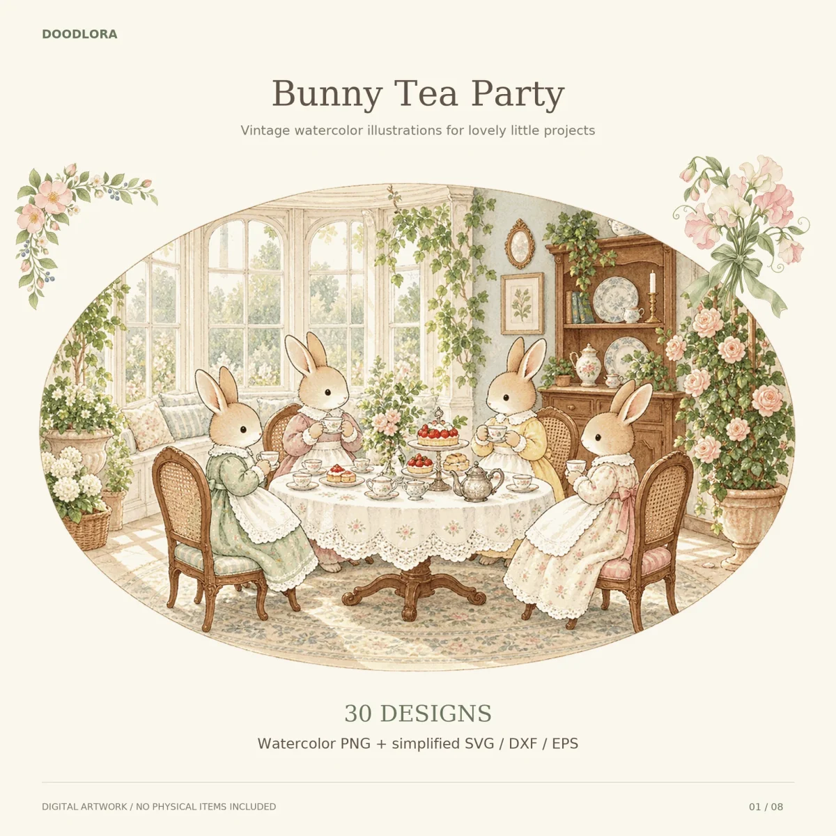 Four rabbits in pastel dresses having tea at a lace-covered table in a sunny conservatory, framed in an oval with roses and sweet peas
